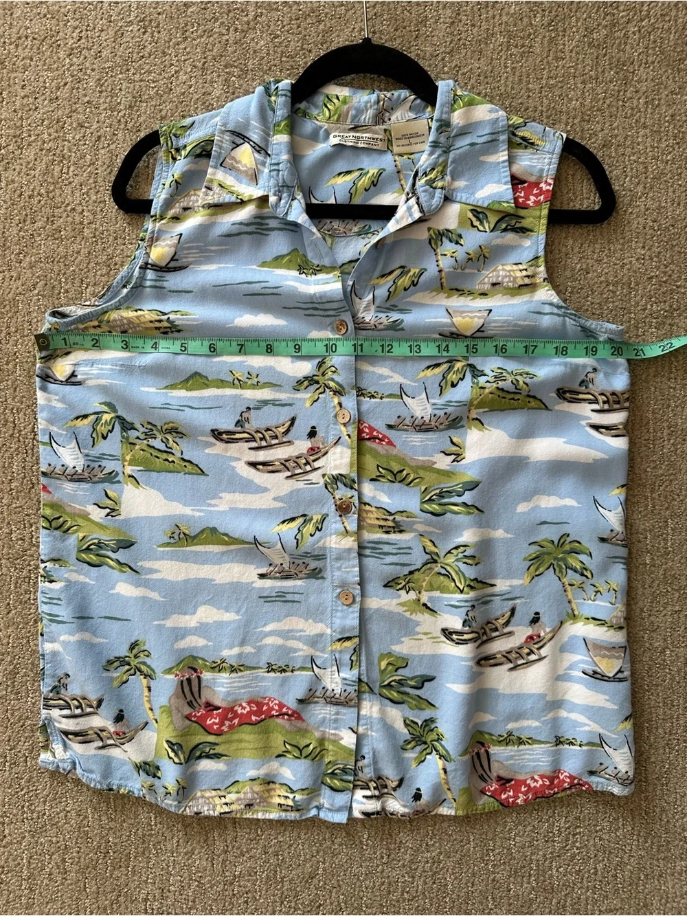 Vintage Hawaiian Great Northwest Light Blue Palm Sleeveless Shirt - Picture 5 of 6